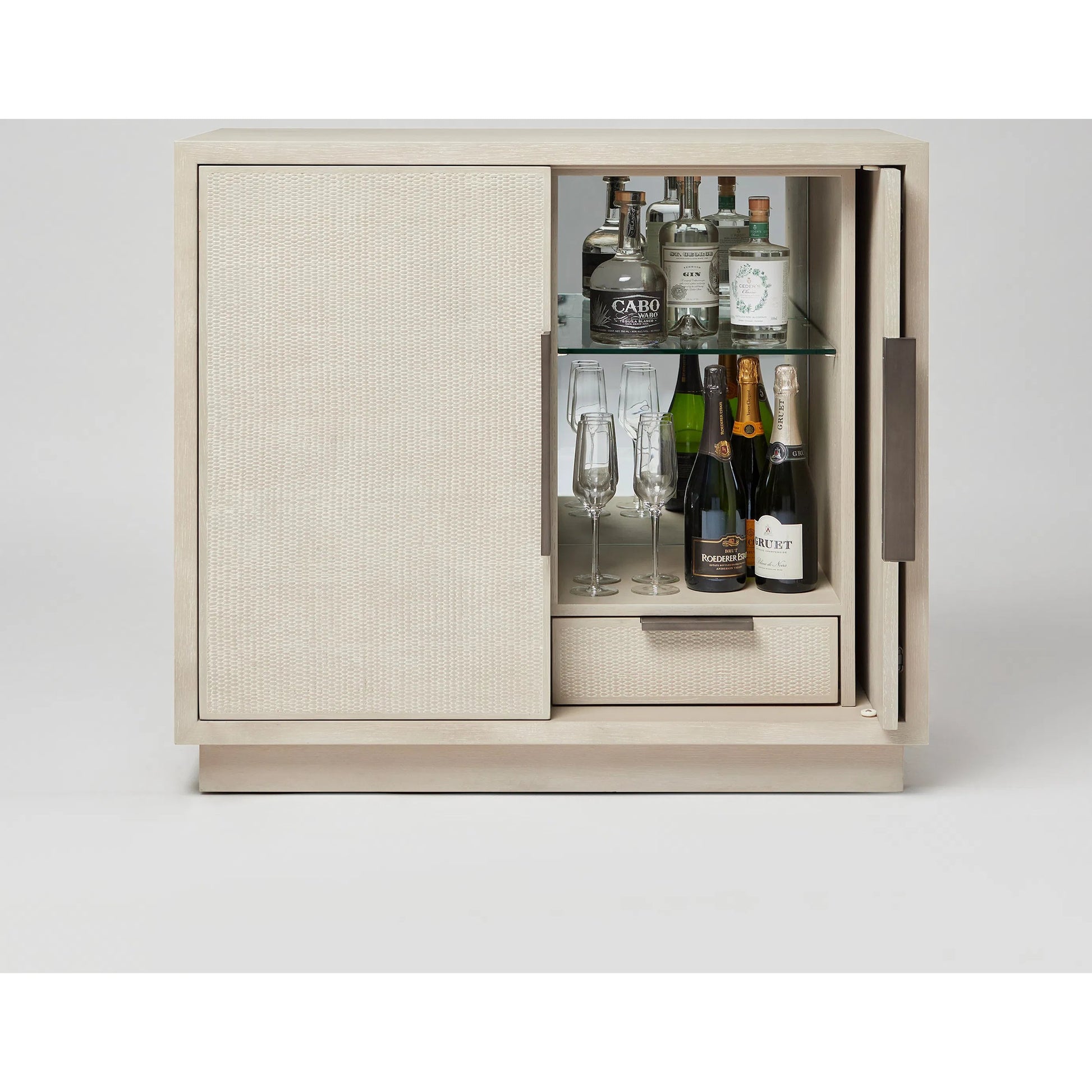Holmes Bar Cabinet by Interlude Home in cliffside, vintage bronze. Made from oak, rattan, metal in a transitional style.