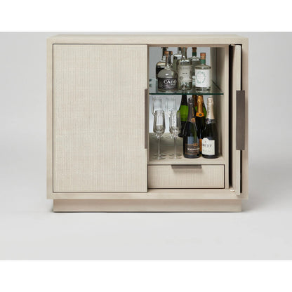 Holmes Bar Cabinet by Interlude Home in cliffside, vintage bronze. Made from oak, rattan, metal in a transitional style.