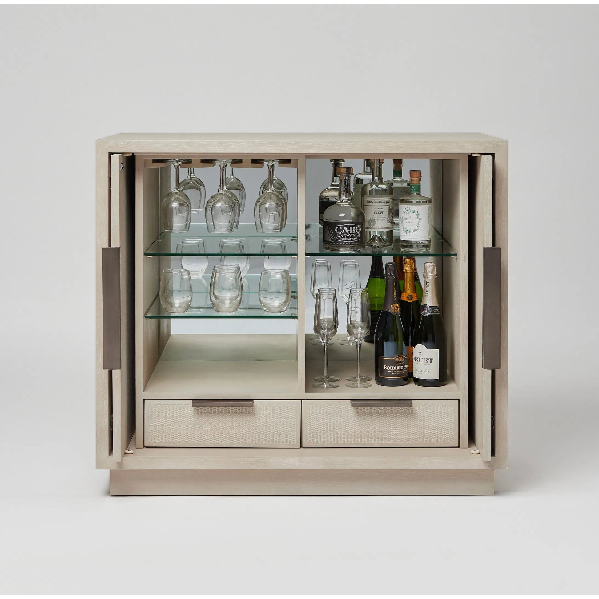 Holmes Bar Cabinet by Interlude Home in cliffside, vintage bronze. Made from oak, rattan, metal in a transitional style.