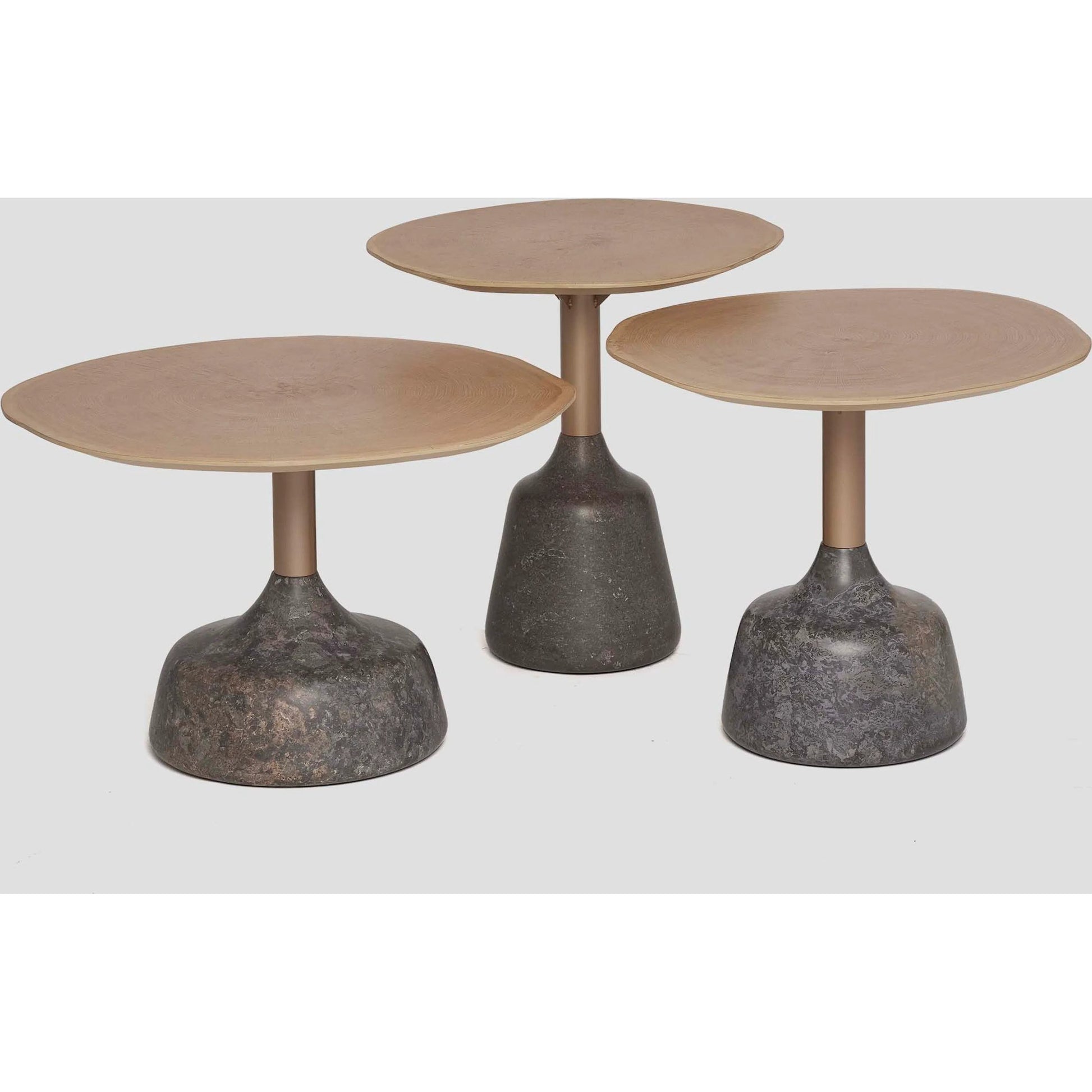 Sacha Small Bunching Cocktail Table by Interlude Home in fossil, champagne, timber. Made from marble, iron, oak in a modern style.