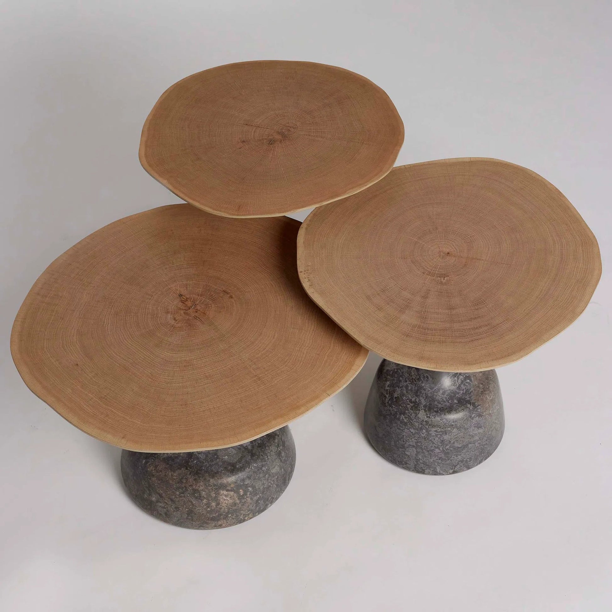 Sacha Small Bunching Cocktail Table by Interlude Home in fossil, champagne, timber. Made from marble, iron, oak in a modern style.