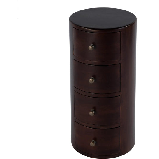 Liam Solid Wood Pedestal Table by Butler Specialty Company in dark brown and artifacts. Made from mango wood solids in a traditional style.
