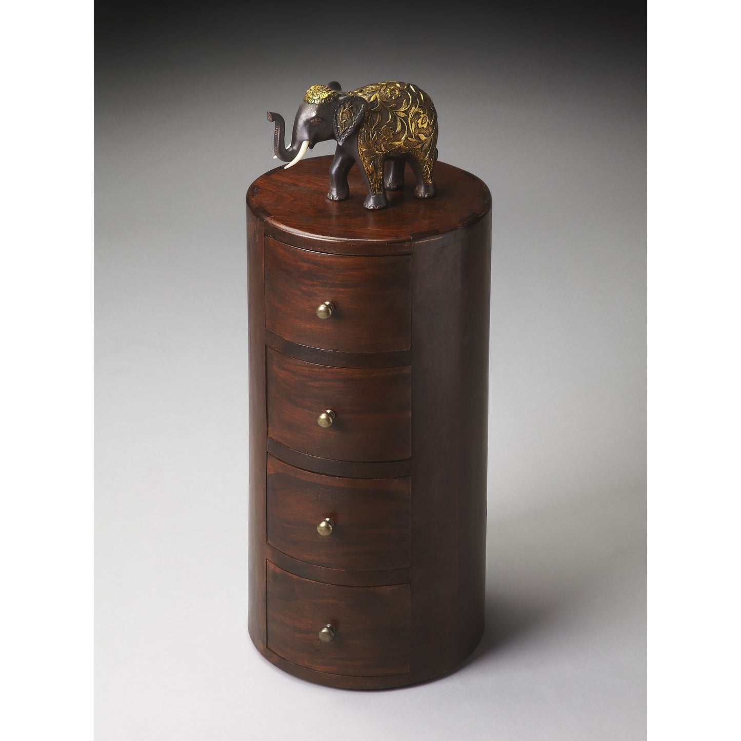 005 O-BUTLER-1176260 | Additional Silo | Liam Solid Wood Pedestal Table by Butler Specialty Company in dark brown and artifacts. Made from mango wood solids in a traditional style.