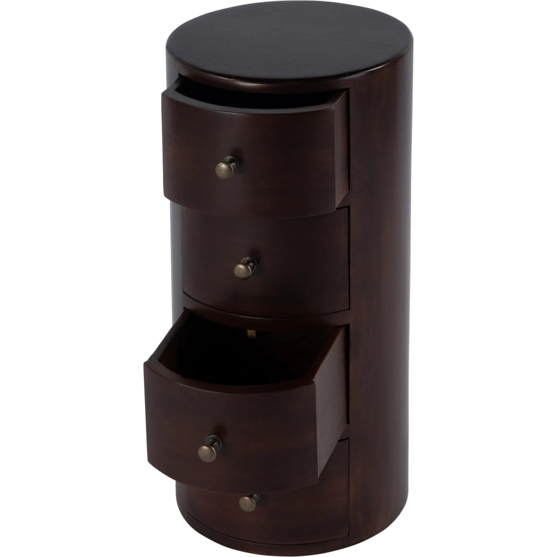 Liam Solid Wood Pedestal Table by Butler Specialty Company in dark brown and artifacts. Made from mango wood solids in a traditional style.