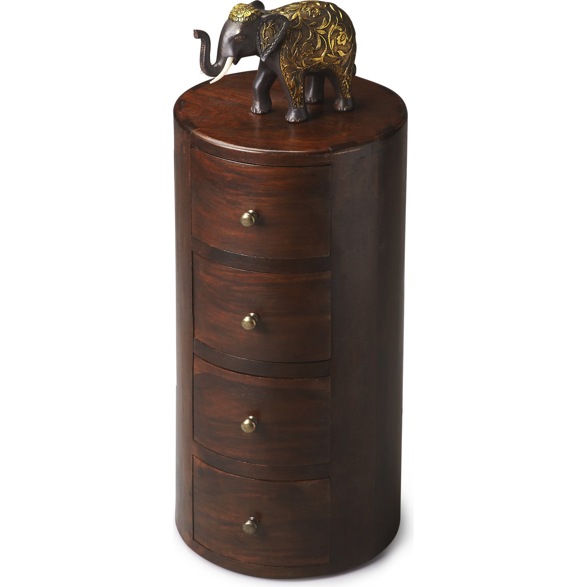 Liam Solid Wood Pedestal Table by Butler Specialty Company in dark brown and artifacts. Made from mango wood solids in a traditional style.