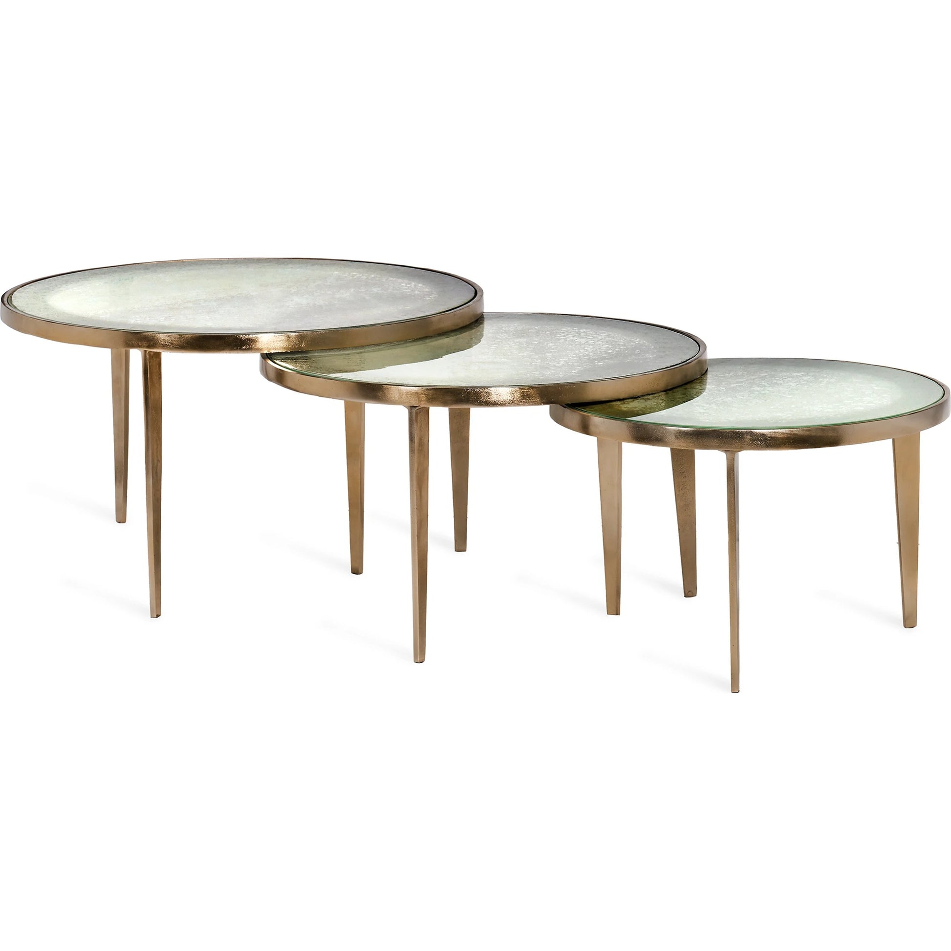 Jan Circular Bunching Tables by Interlude Home in champagne, taupe grey reactive glass. Made from aluminum, glass in a modern style.