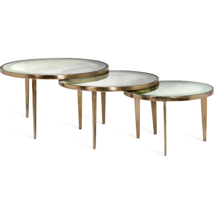 Jan Circular Bunching Tables by Interlude Home in champagne, taupe grey reactive glass. Made from aluminum, glass in a modern style.