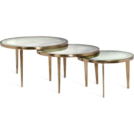 Jan Circular Bunching Tables by Interlude Home in champagne, taupe grey reactive glass. Made from aluminum, glass in a modern style.