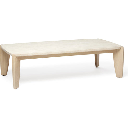 Rocco Cocktail Table by Interlude Home in cream, tan and raw travertine, saddle. Made from travertine, oak in a unique style.