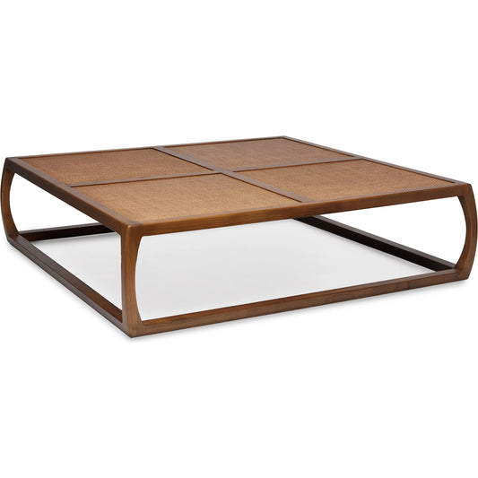 Wandsworth Square Cocktail Table by Interlude Home in brown and pecan. Made from sungkai wood, rattan in a unique style.