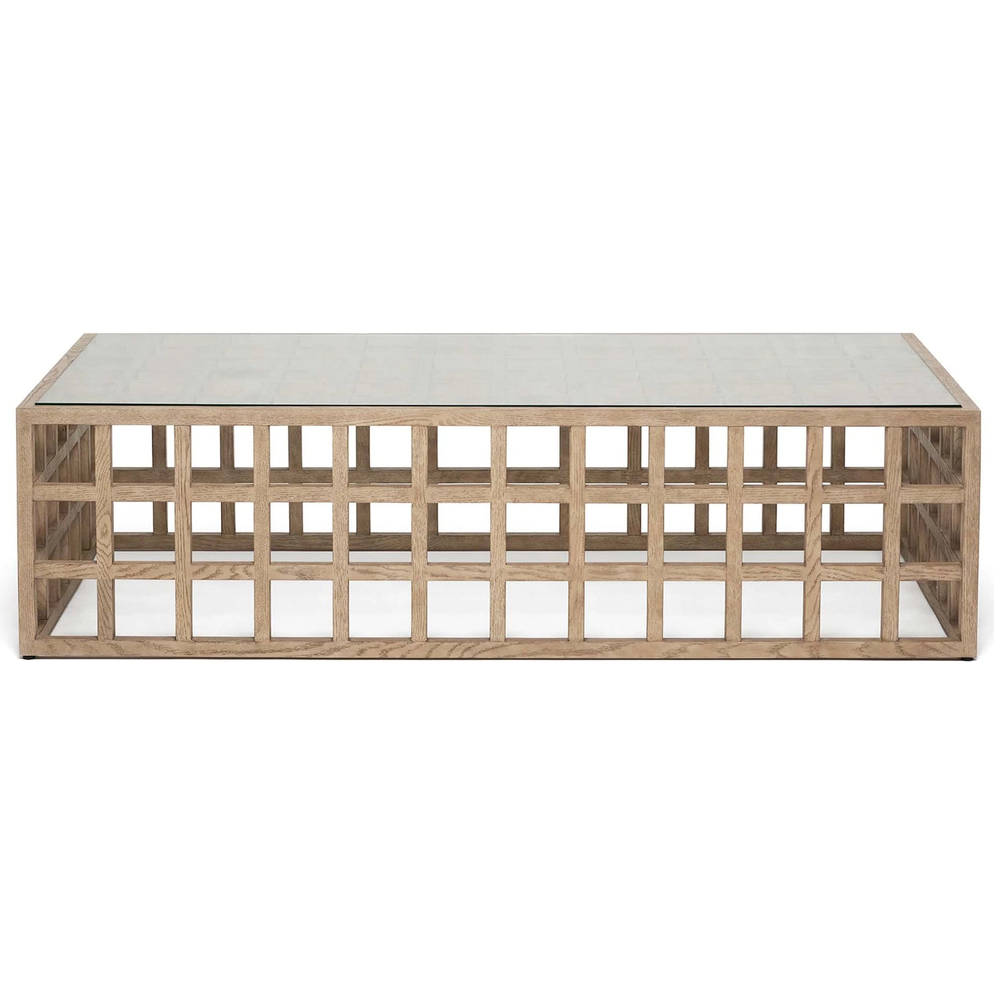Corinne Rectangular Cocktail Table by Interlude Home in washed taupe, clear. Made from oak, glass in a transitional style.