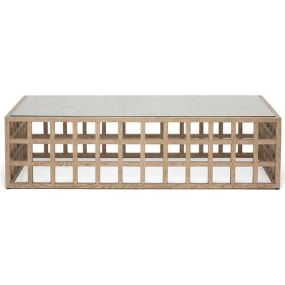 Corinne Rectangular Cocktail Table by Interlude Home in washed taupe, clear. Made from oak, glass in a transitional style.