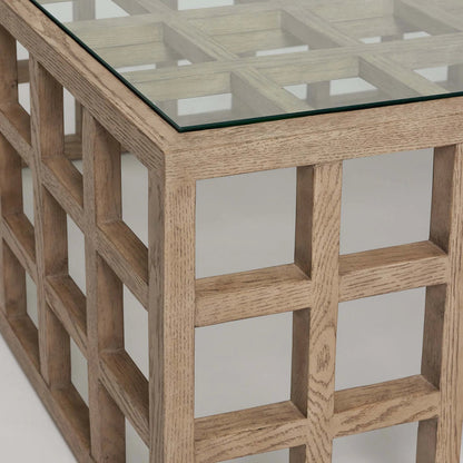 Corinne Rectangular Cocktail Table by Interlude Home in washed taupe, clear. Made from oak, glass in a transitional style.