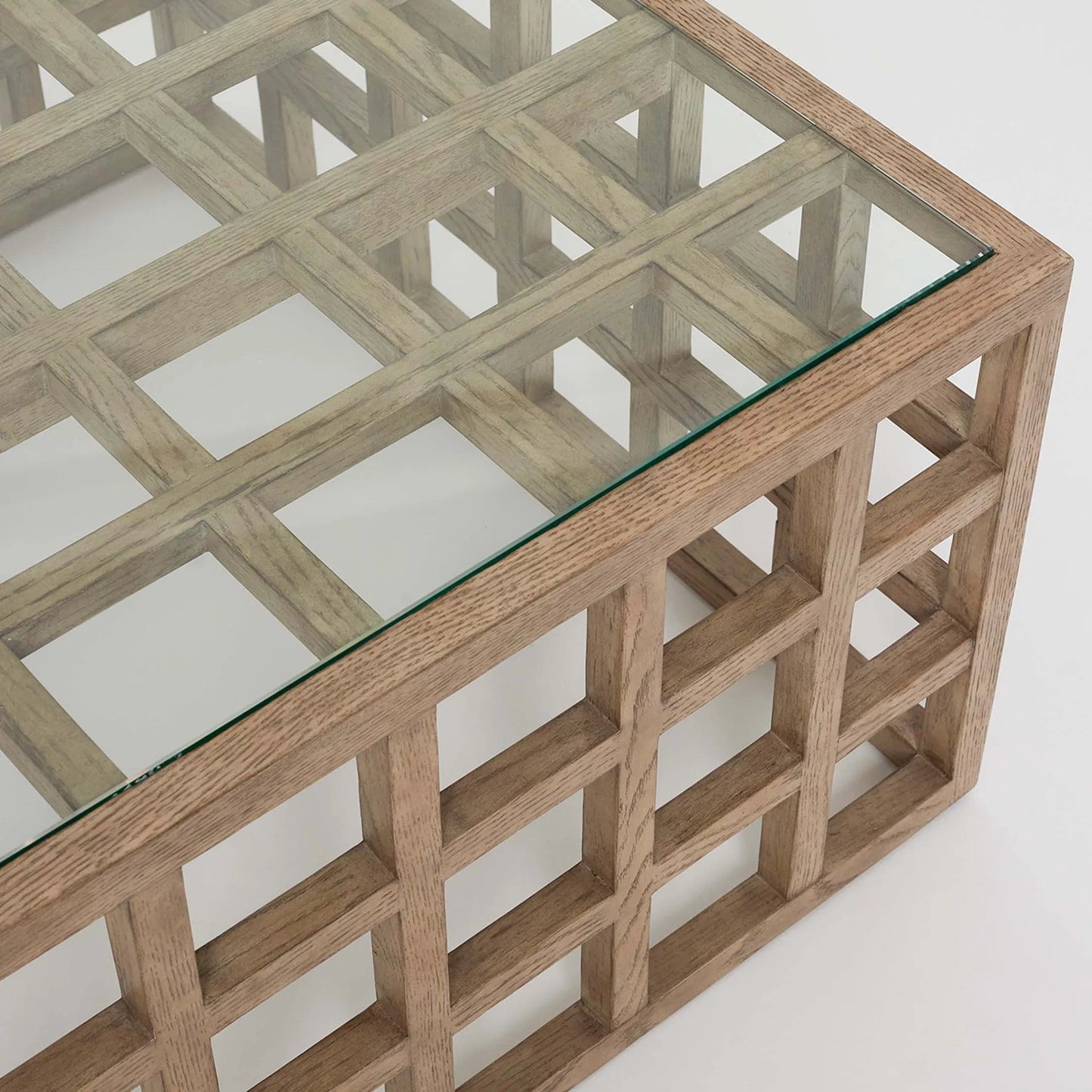 003 SI-2374532 | Closeup | Corinne Rectangular Cocktail Table by Interlude Home in washed taupe, clear. Made from oak, glass in a transitional style.