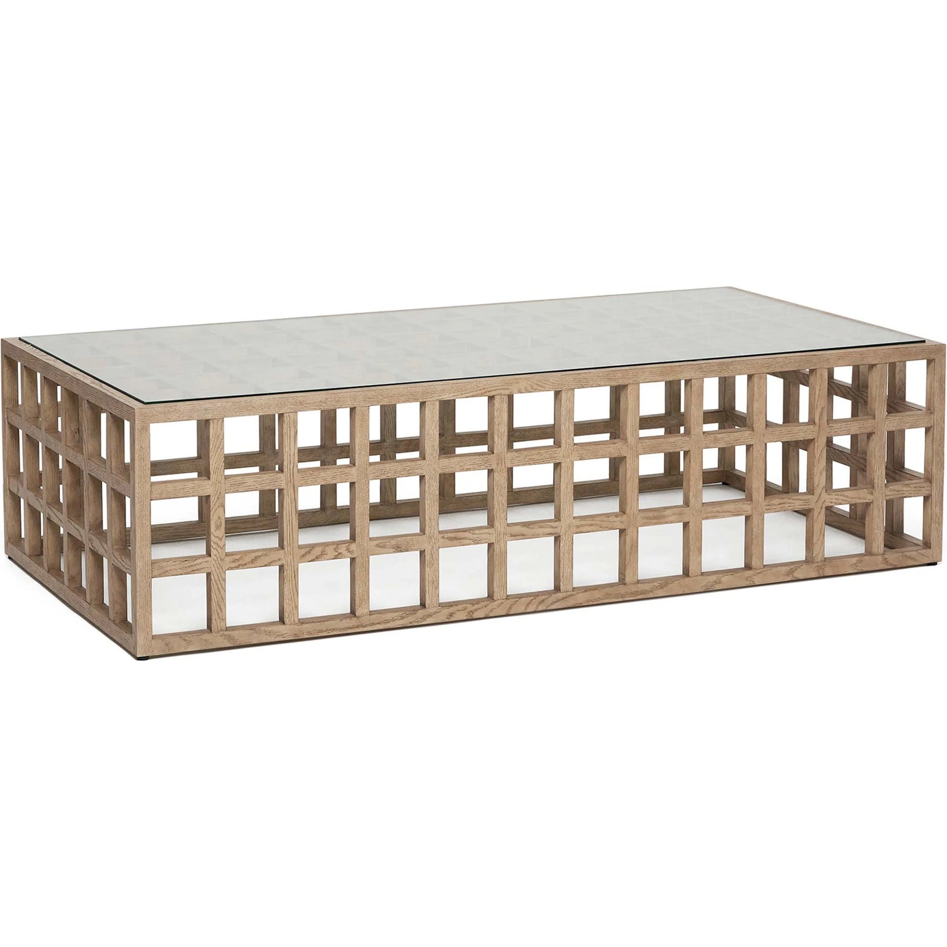 Corinne Rectangular Cocktail Table by Interlude Home in washed taupe, clear. Made from oak, glass in a transitional style.