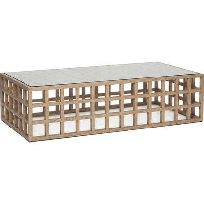 Corinne Rectangular Cocktail Table by Interlude Home in washed taupe, clear. Made from oak, glass in a transitional style.