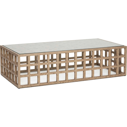Corinne Rectangular Cocktail Table by Interlude Home in washed taupe, clear. Made from oak, glass in a unique style.