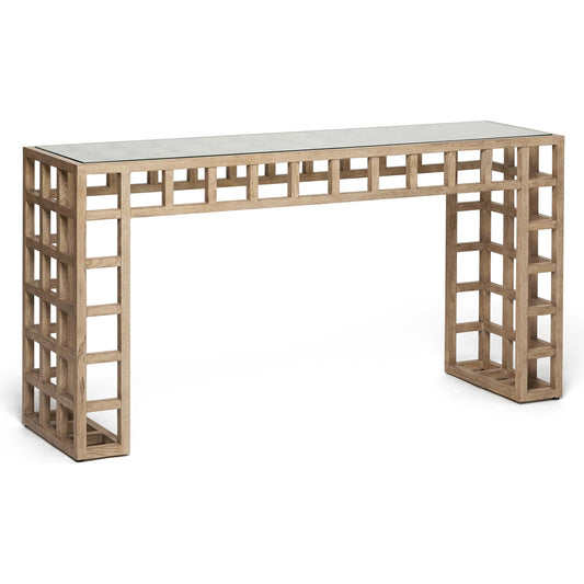 Corinne Console Table by Interlude Home in washed taupe, clear. Made from oak, glass in a unique style.