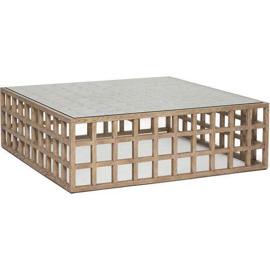 Corinne Square Cocktail Table by Interlude Home in washed taupe, clear. Made from oak, glass in a unique style.