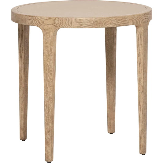Putney Side Table by Interlude Home in washed taupe, cream latte. Made from oak, vegan leather in a unique style.