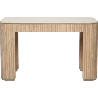 Morrison Desk by Interlude Home in husk, honey, champagne silver. Made from mindi, marble, stainless steel in a transitional style.