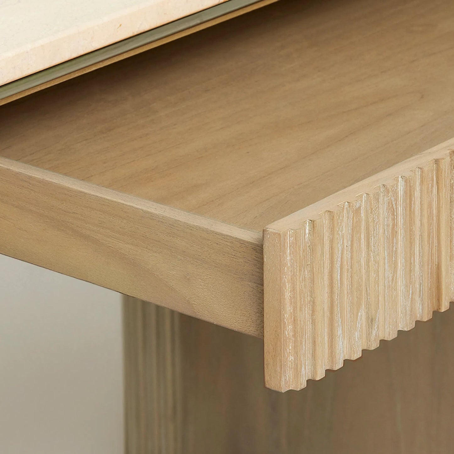 003 SI-2531118 | Closeup | Morrison Desk by Interlude Home in husk, honey, champagne silver. Made from mindi, marble, stainless steel in a transitional style.