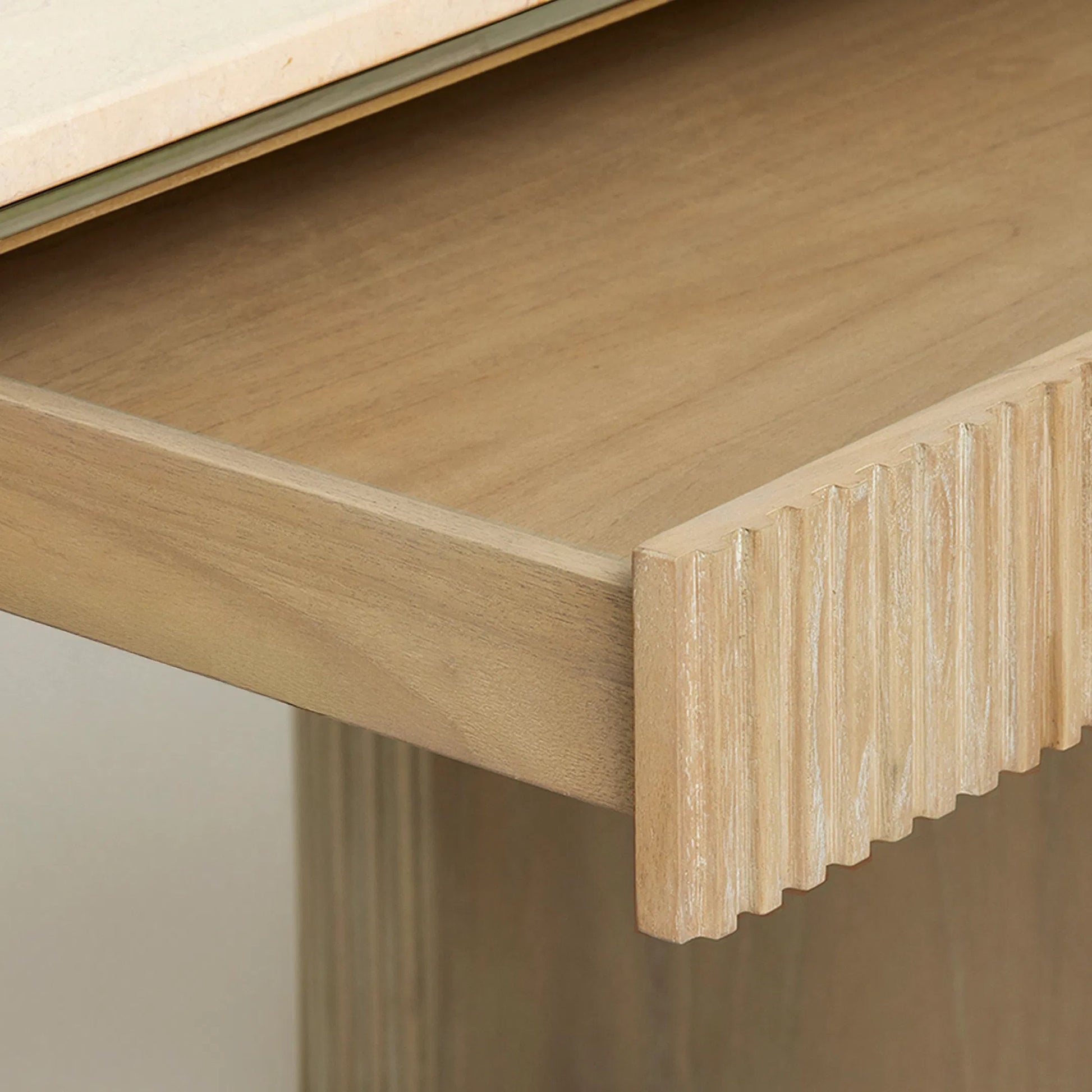 Morrison Desk by Interlude Home in husk, honey, champagne silver. Made from mindi, marble, stainless steel in a transitional style.