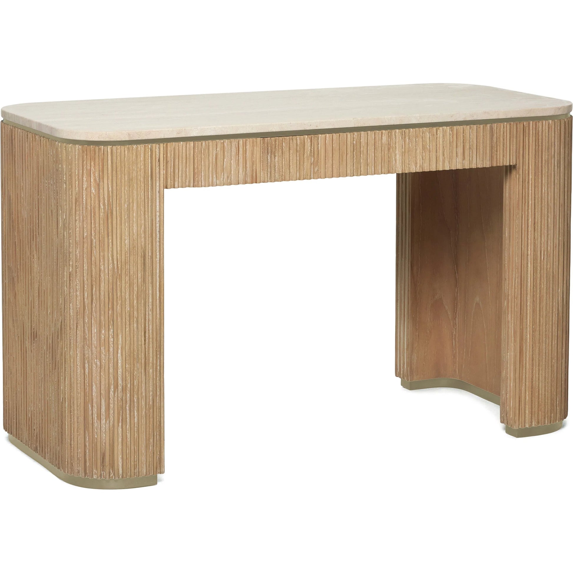 Morrison Desk by Interlude Home in husk, honey, champagne silver. Made from mindi, marble, stainless steel in a transitional style.