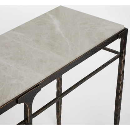 Channing Console Table by Interlude Home in gilded dark bronze, emperador grey. Made from iron, marble in a traditional style.