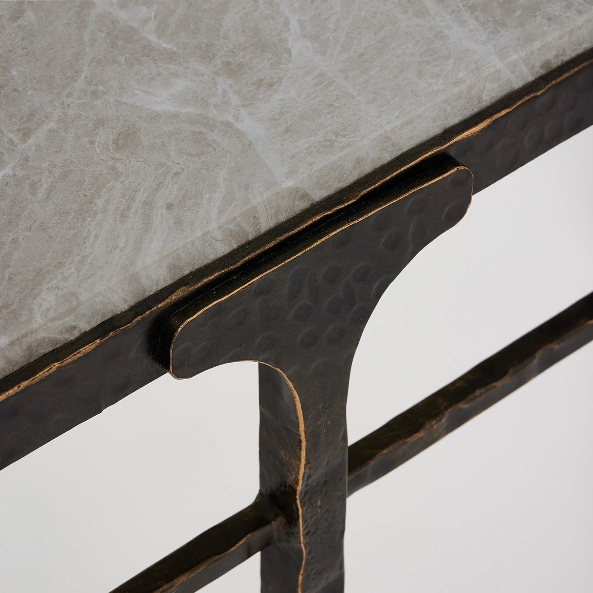 Channing Console Table by Interlude Home in gilded dark bronze, emperador grey. Made from iron, marble in a traditional style.