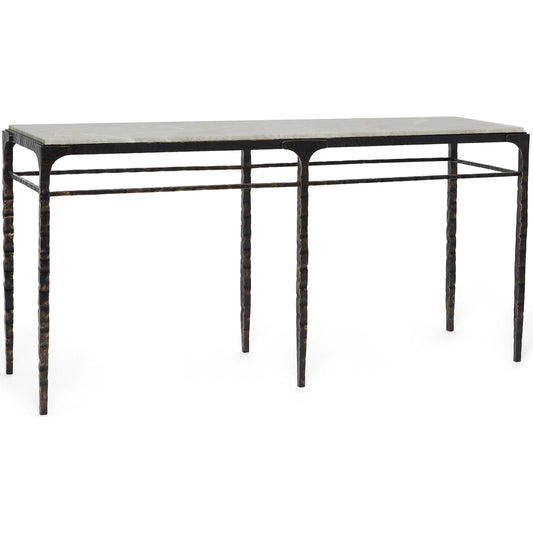 Channing Grand Console Table by Interlude Home in gilded dark bronze, emperador grey. Made from iron, marble in a traditional style.
