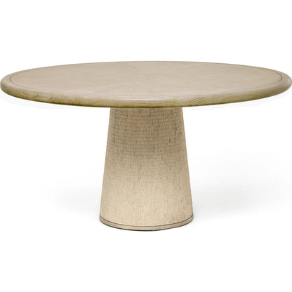 Harperly Dining Table by Interlude Home in washed taupe, satin aged bronze. Made from sungkai wood, raffia, metal in a transitional style.