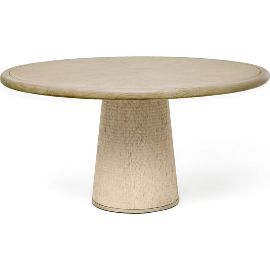 Harperly Dining Table by Interlude Home in washed taupe, satin aged bronze. Made from sungkai wood, raffia, metal in a transitional style.