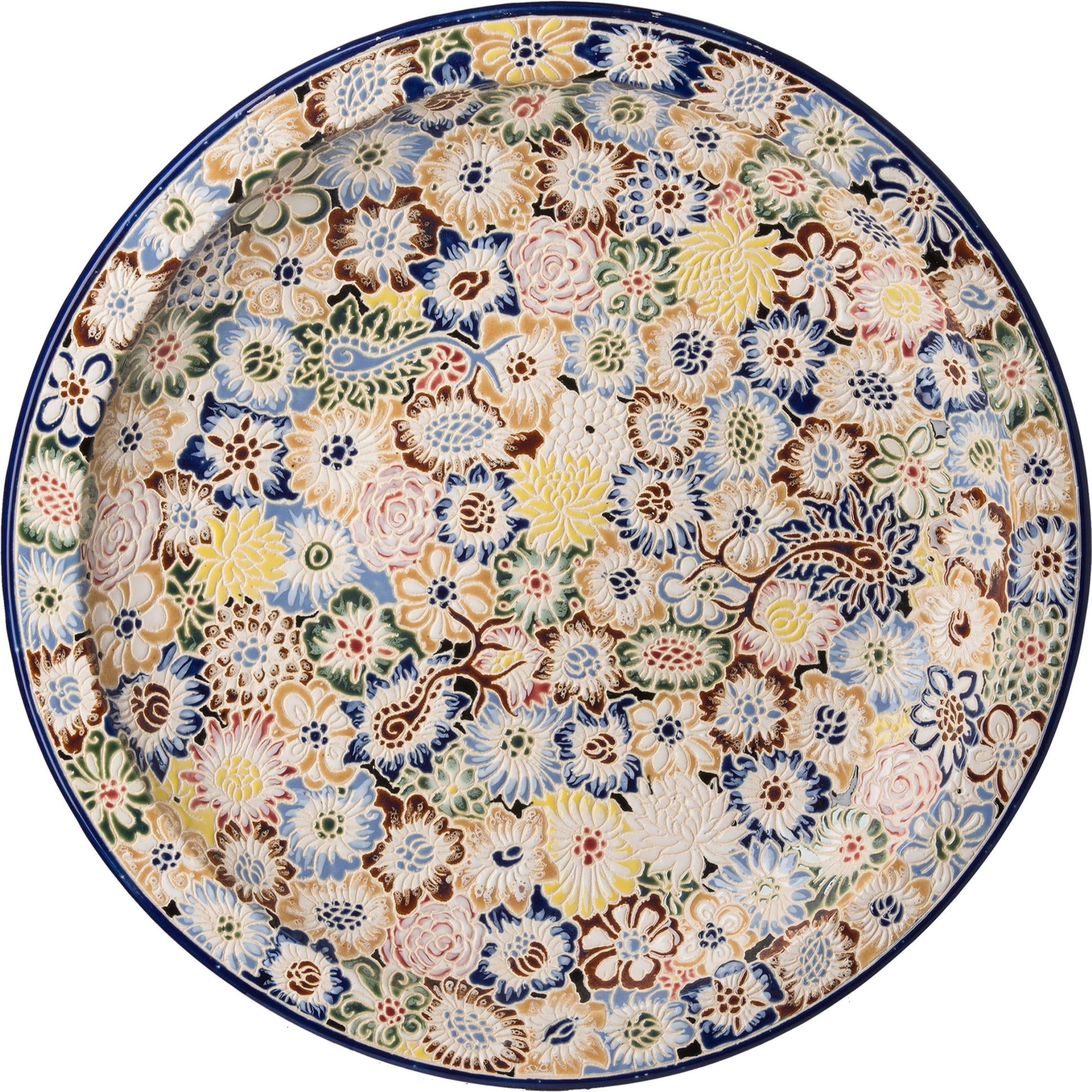 Round Flora Plate by Emissary in multi-color. Made from unique in a traditional style.