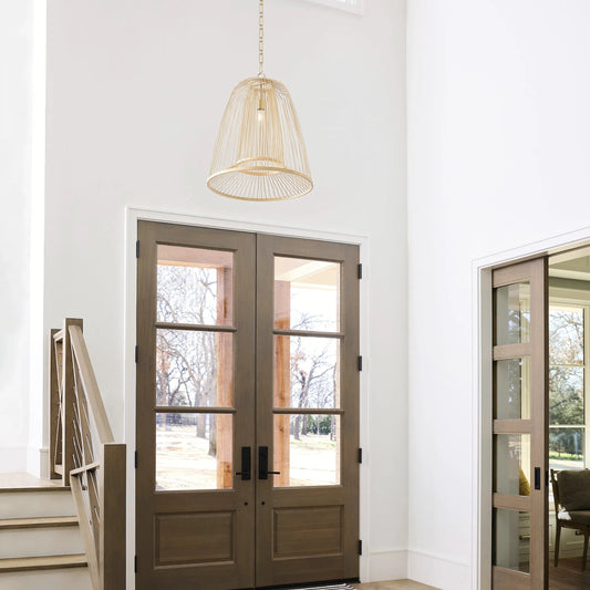 Terrae Bell Pendant by Cyan Design in aged brass. Made from rattan, metal in a unique style.