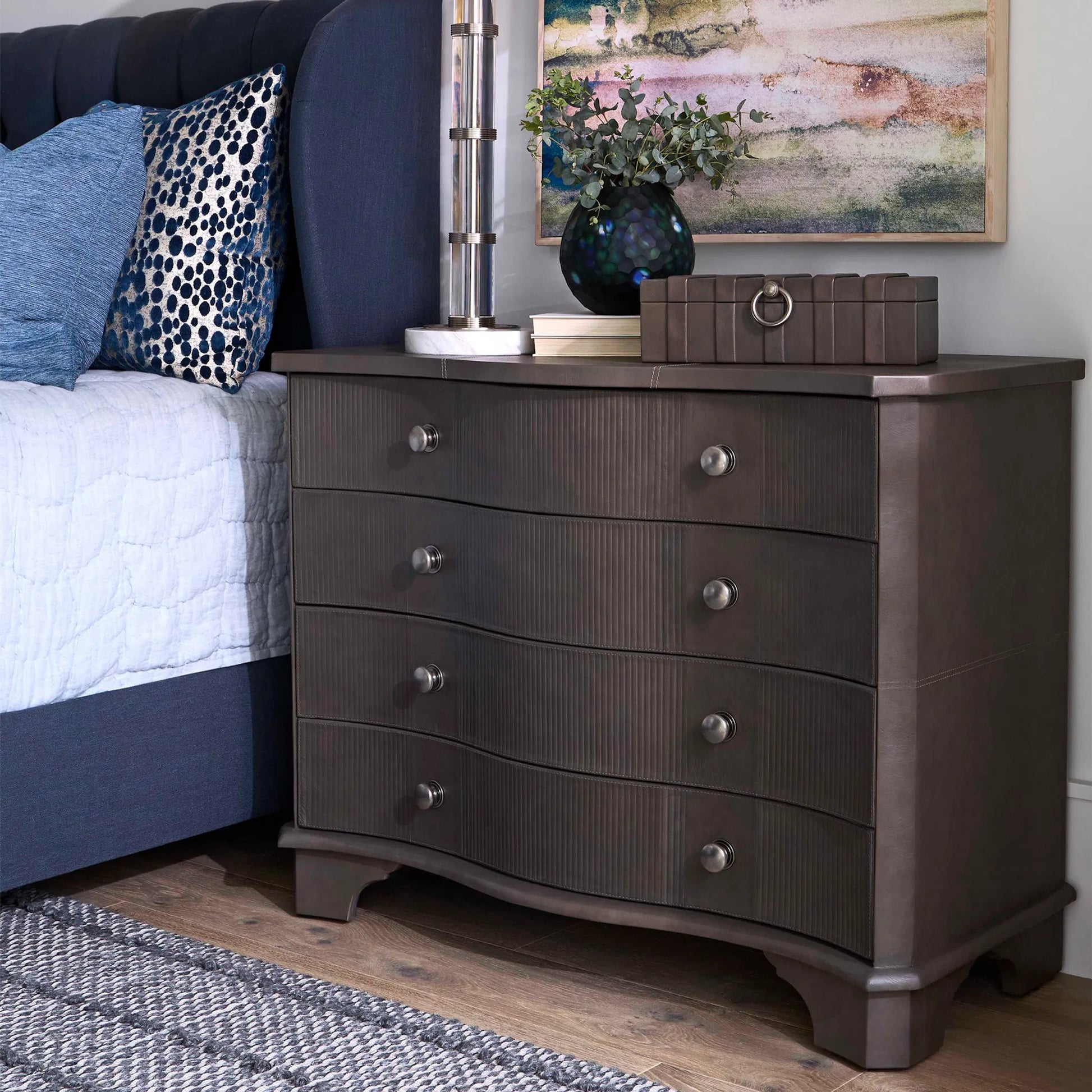 Mayfair Chest by Cyan Design in smoked gray. Made from leather, mdf in a transitional style.