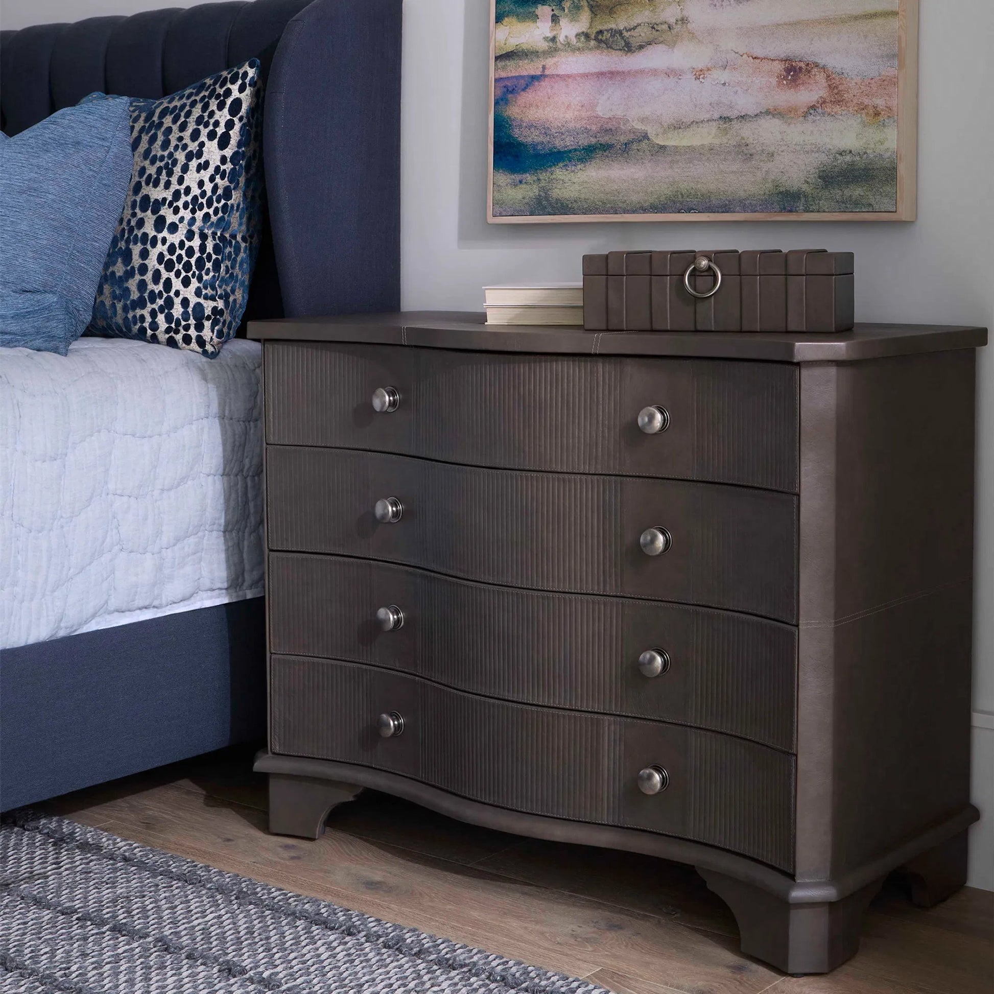 Mayfair Chest by Cyan Design in smoked gray. Made from leather, mdf in a transitional style.