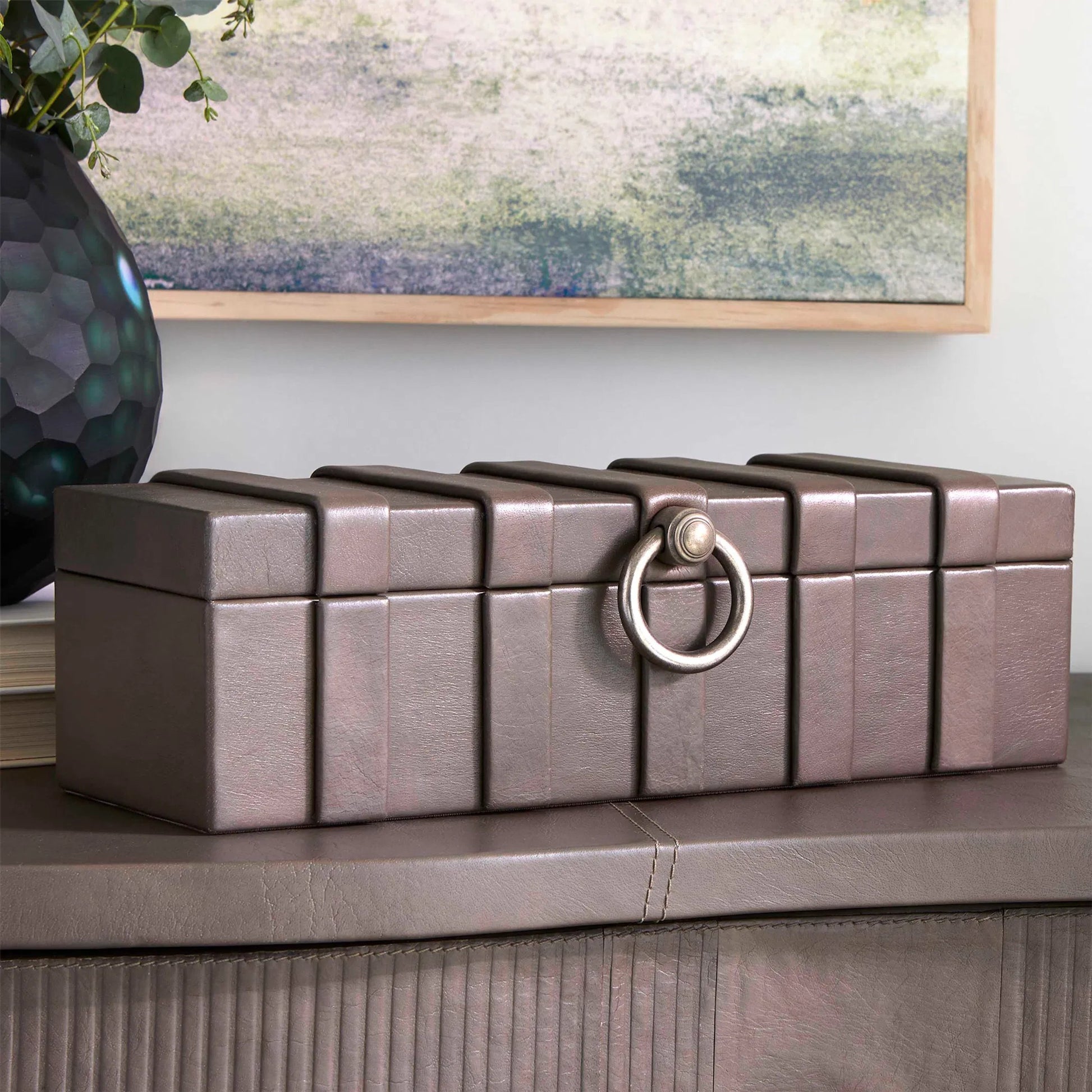 Mayfair Chest by Cyan Design in smoked gray. Made from leather, mdf in a transitional style.