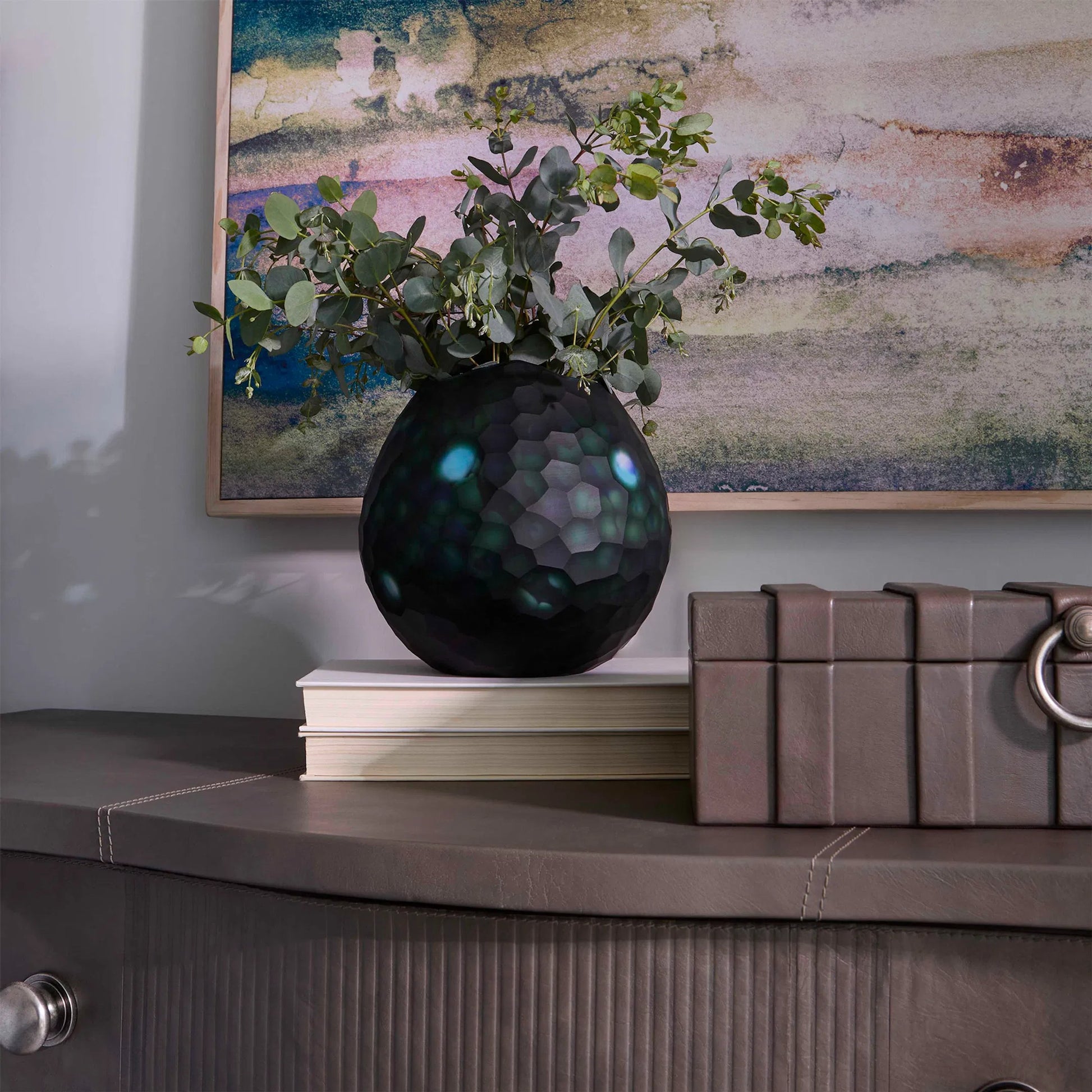 Mayfair Chest by Cyan Design in smoked gray. Made from leather, mdf in a transitional style.