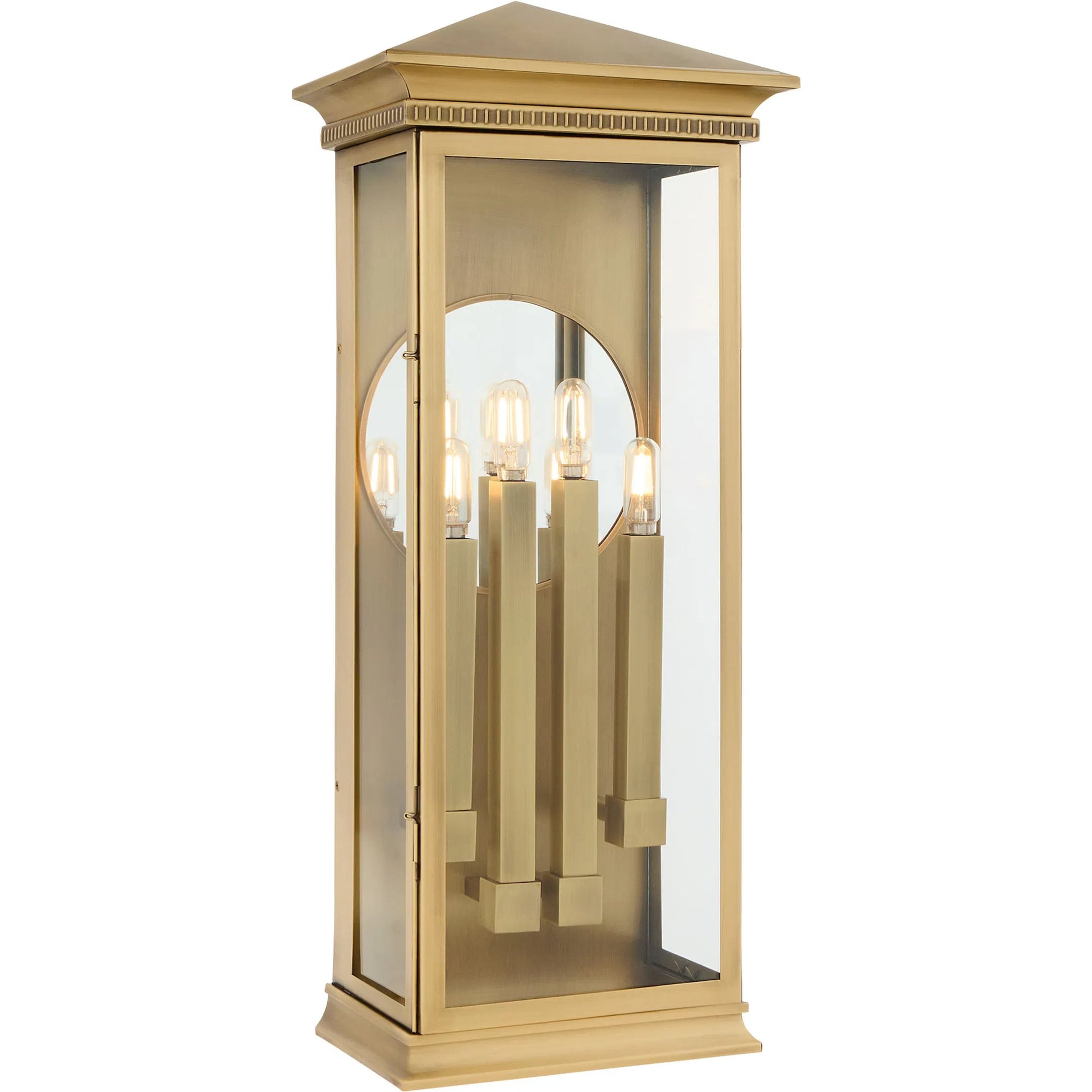 Guilford 4 Light Outdoor Wall Sconce by Cyan Design in heritage brass. Made from brass, glass in a cottage & farmhouse style.