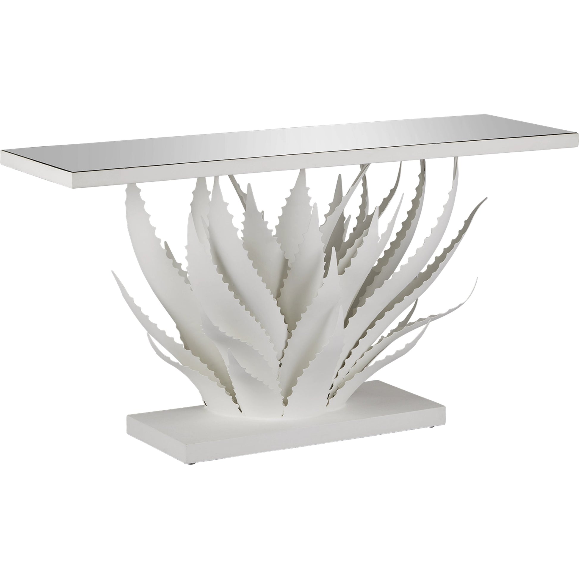 Agave Console Table by Currey and Company in gesso white, mirror. Made from wrought iron, glass in a modern style.