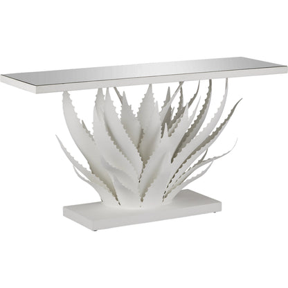 Agave Console Table by Currey and Company in gesso white, mirror. Made from wrought iron, glass in a modern style.
