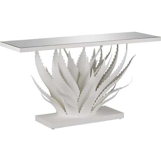 Agave Console Table by Currey and Company in gesso white, mirror. Made from wrought iron, glass in a modern style.