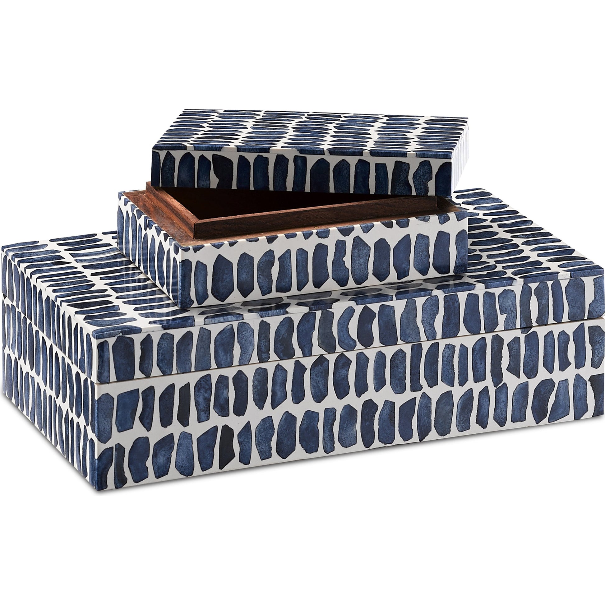 Indigo Box Set by Currey and Company in navy, white, natural. Made from bone, sheesham wood, composite in a coastal style.