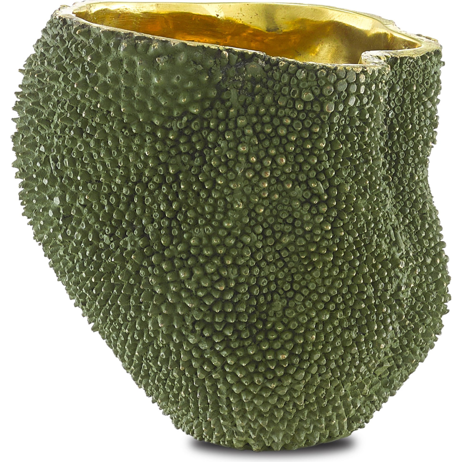Jackfruit Vase by Currey and Company in green, gold. Made from bronze in a coastal style.