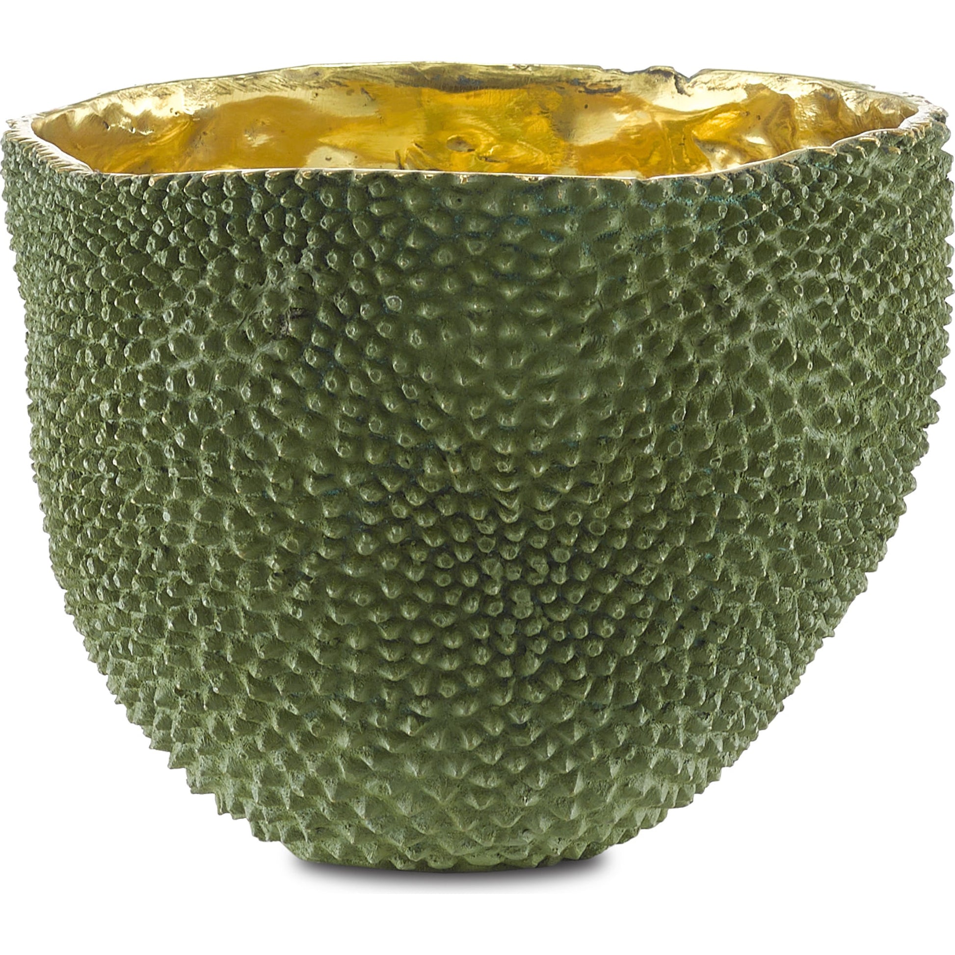 Jackfruit Vase by Currey and Company in green, gold. Made from bronze in a coastal style.
