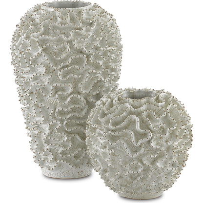 Swirl Vase by Currey and Company in white, gold. Made from ceramic in a coastal style.
