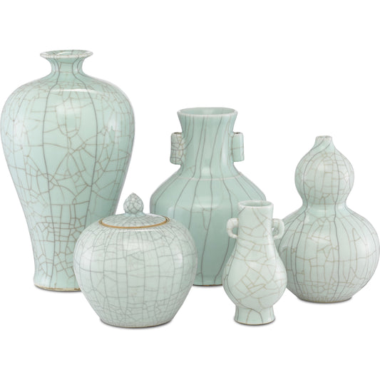 Maiping Double Gourd Vase by Currey and Company in celadon crackle. Made from porcelain in a coastal style.