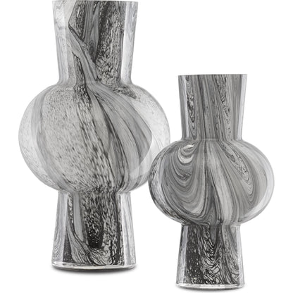 Stormy Sky Glass Vase by Currey and Company in black, white. Made from mouth blown glass in a transitional style.
