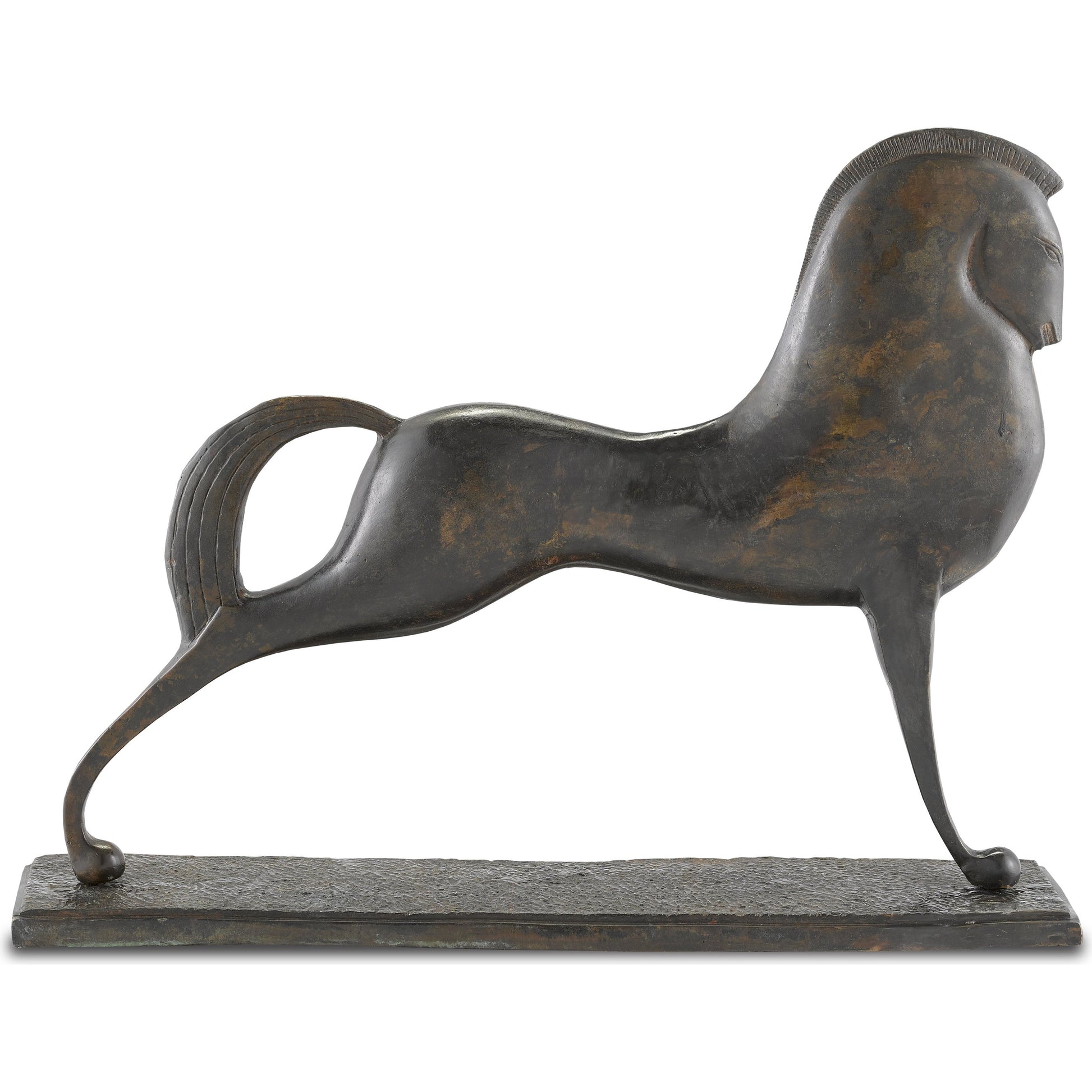 Assyrian Bronze Horse by Currey and Company in bronze. Made from cast bronze in a eclectic & global style.